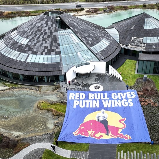 Проукраинские активисты развернули у штаб-квартиры Red Bull баннер с Путиным на быке